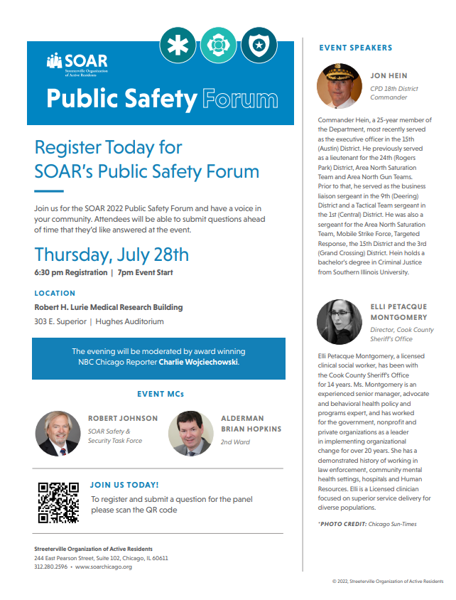 Click the QR code to register for the Public Safety Forum on Thursday, July 28th at 7pm at Robert H Lurie Medical Research Building.