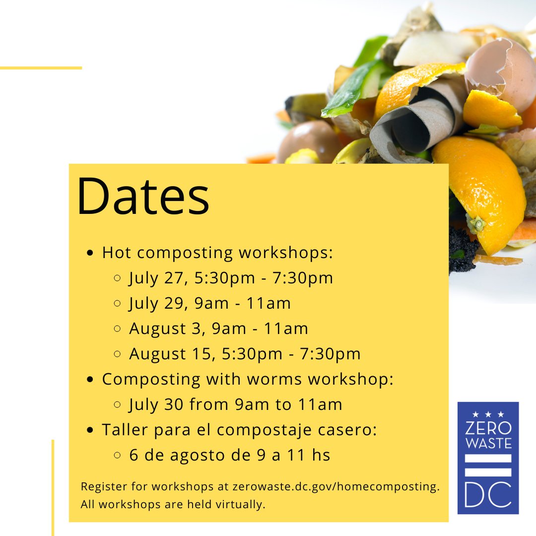 dczerowaste's tweet photo. In July and August, DPW is offering six online home composting workshops for DC residents to learn how to start hot composting or worm composting at home. To register and learn more, visit https://t.co/qwQyasc01r. #zerowastedc #zerowaste #compost #reducefoodwaste #DCDPW https://t.co/SswNm5ohnC