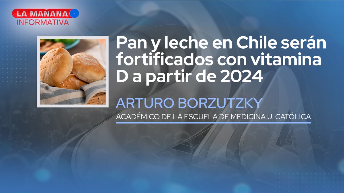 📡 #24Showcast

Pan y leche en Chile serán fortificados con vitamina D a partir de 2024

🟢 Escucha en Spotify la entrevista a <a href="/drarturo/">Arturo Borzutzky</a>, académico de la <a href="/FacMedicinaUC/">Facultad Medicina UC</a> ➡️ spoti.fi/3OA0xou