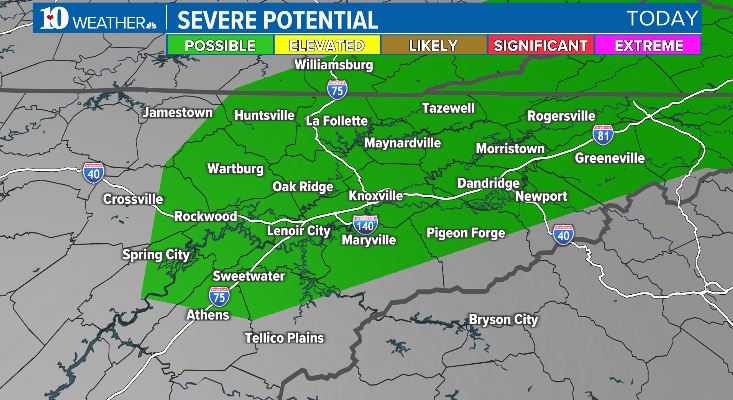WBIRWeather's tweet photo. SEVERE POTENTIAL: The Storm Prediction Center has put parts of East TN under a level 1 risk for strong to severe storms this afternoon/evening. Main concerns will be damaging wind gusts and localized heavy rain. 

Stay tuned for updates! https://t.co/B87uTAbEaq