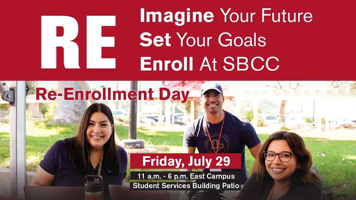 Need a kick-start to re-enroll at SBCC in the Fall? We've got you! Stop by our Re-Enrollment Day on Friday and get in-person assistance by our knowledgeable student services staff! Free food and activities for children. See you there! INFO: buff.ly/3DSpFlQ