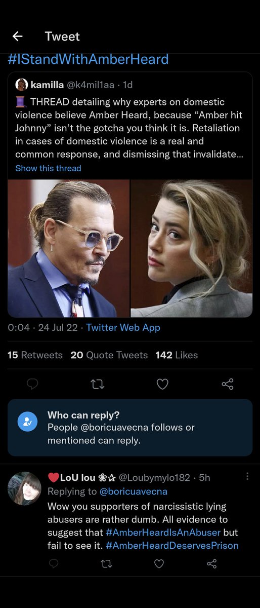 Aw scared of the truth so won't allow me to comment anymore 🤣🫤
#IStandWithJohnnyDepp
#AmberHeardDeservesPrison #AmberHeardlsAnAbuser #AmberHeardlsALiar #AmberHeardIsAnAbuser #amberheardisanarcissist