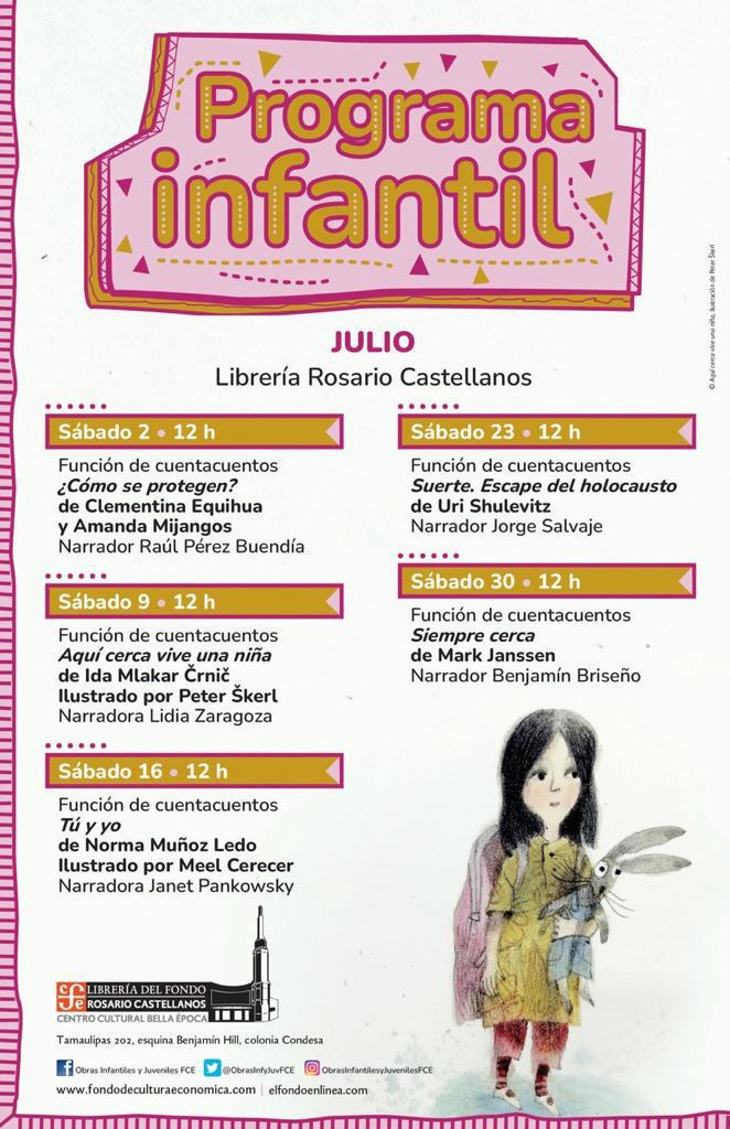 FCEMexico's tweet image. ¡Acompáñennos este 30 de julio a las 12 h en los cuentacuentos en nuestras librerías!
-#LibreríaOctavioPaz - @nachocasas7 
-#LibreríaRosarioCastellanos - Benjamín Briseño
-#LibreríaEusebioRuvalcaba - #MarcelaRomero
¡Vengan a escuchar #SiempreCerca de #MarkJanssen!
#LeerTransforma