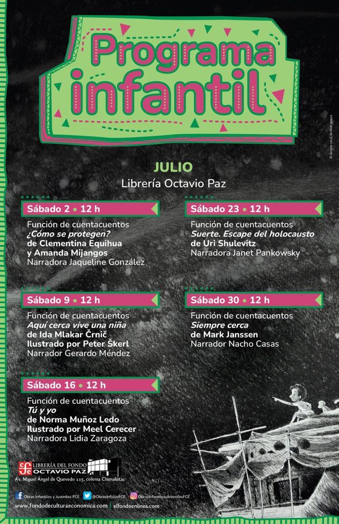 FCEMexico's tweet image. ¡Acompáñennos este 30 de julio a las 12 h en los cuentacuentos en nuestras librerías!
-#LibreríaOctavioPaz - @nachocasas7 
-#LibreríaRosarioCastellanos - Benjamín Briseño
-#LibreríaEusebioRuvalcaba - #MarcelaRomero
¡Vengan a escuchar #SiempreCerca de #MarkJanssen!
#LeerTransforma