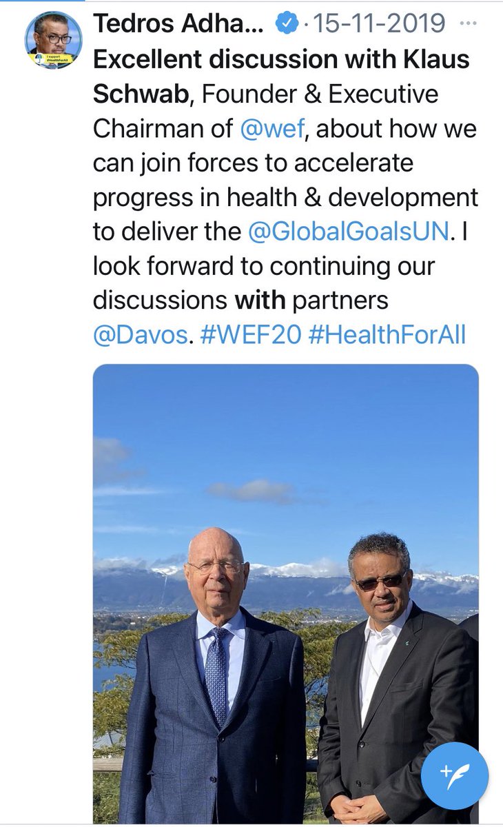 💀  Tedros Ghebreyesus:
'Vynikající diskuse s Klausem Schwabem, zakladatelem a předsedou NWO, o tom jak spojit síly a urychlit pokrok, abychom splnili Globalizaci. Těším se na pokračování našich diskusí.'
Davos WEF20 'HealthForAll'
