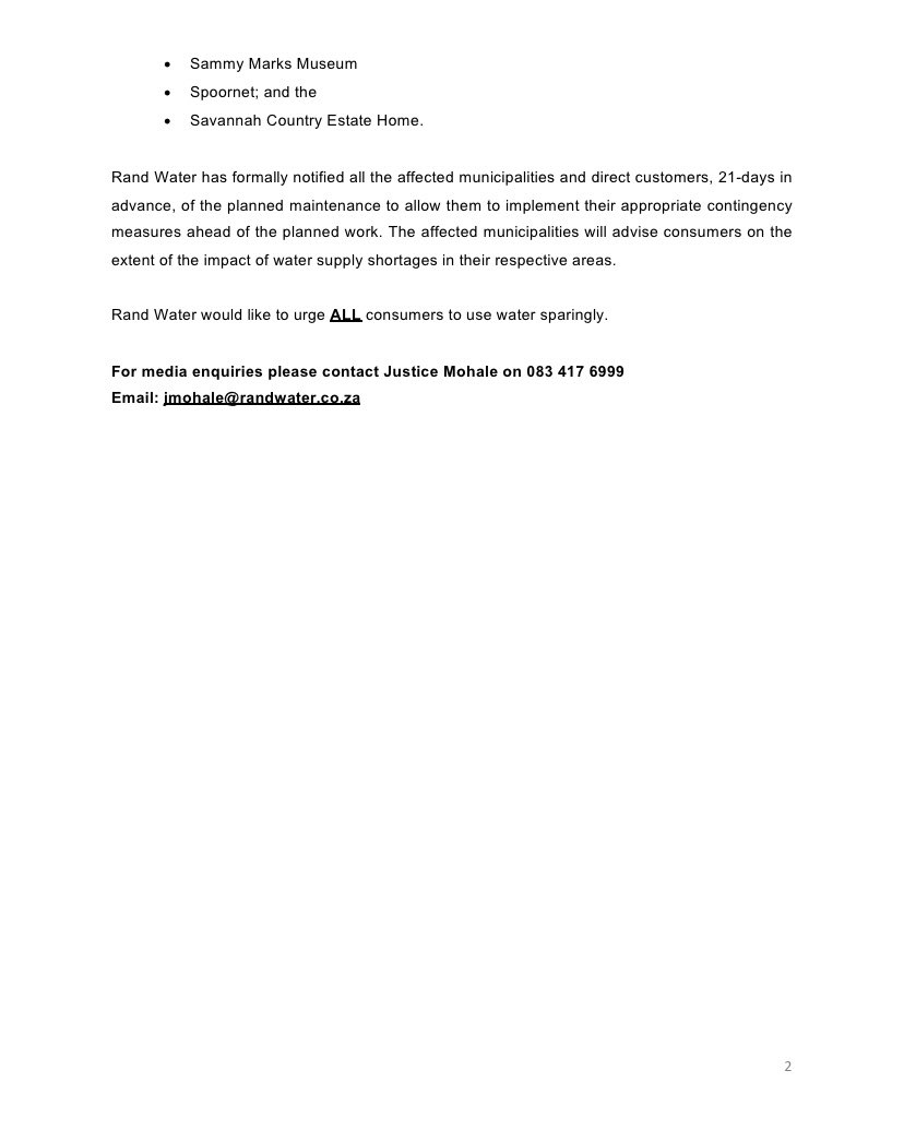 🚨MEDIA STATEMENT🚨
Rand Water has scheduled the planned maintenance on its  #S4Pipeline to tie-in a new portion of the pipeline to the existing #S4Pipeline. 
The 53-hour project will commence from 17h00 on 11th of August until 22h00, on 13th August 2022.

[NS]