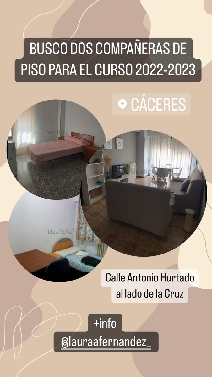 Lauraa_fh's tweet photo. Holaa! soy una chica
responsable y simpática que
busco compañeras de piso para
el curso 2022-23 en Cáceres. El
piso está muy bien y está situado al lado de la cruz en la calle Antonio Hurtado. Cualquier cosa preguntar sin problema!😊 (difusión porfiiis🙏 ) https://t.co/P5tZ5KoP7e
