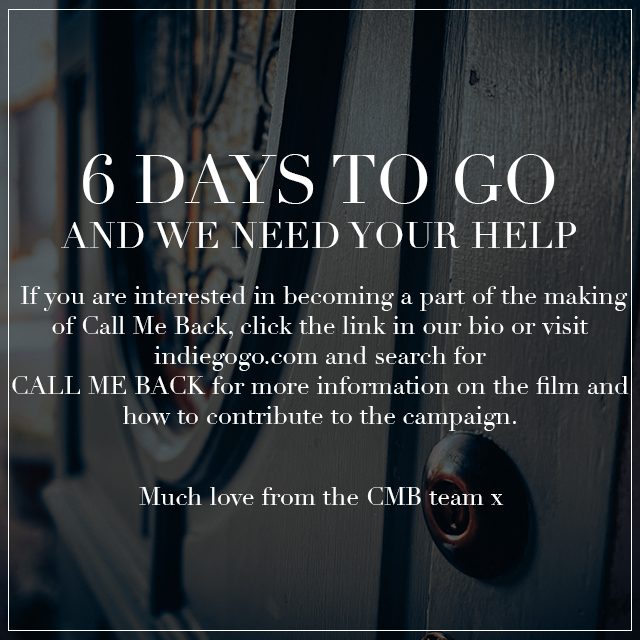 CallMeBackFilm's tweet photo. 6 DAYS TO GO... There is still time left if you're interested in contributing to the making of Call Me Back. We still have a ways to go to meet our goal and we need your help to do it! Click the link for more info on the film and how to contribute - https://t.co/SIG0tMR9Ps https://t.co/TlVvdjjQ8M