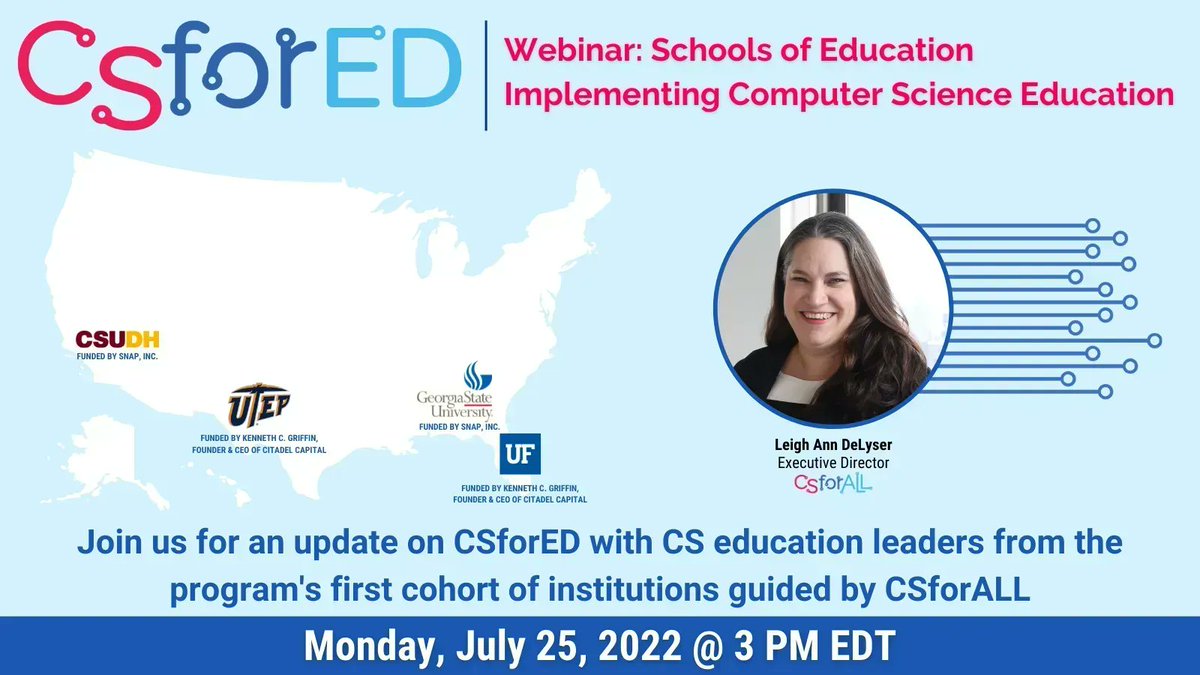 CSforALL's tweet photo. This afternoon, join the #CSforED discussion with @misrael09, @lauren_marg, @ProfKarlin, faculty from @UTEP, and #CSforALL's ED @lsudol during the public cohort call at 3 PM EDT. Register to learn about program updates on #CSEd in schools of education at https://t.co/WOeeR0qkSK. https://t.co/4FioHb4FMD