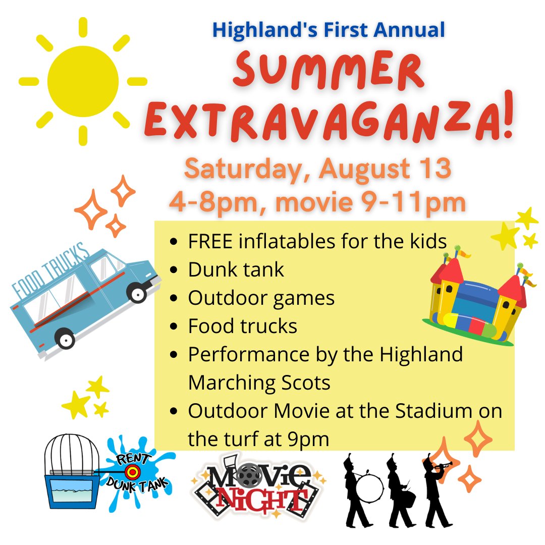 ★¸.•☆•.¸★ SAVE THE DATE! ★⡀.•☆•.★

Highland's First Annual Summer Extravaganza Saturday, August 13!

<a href="/HLSD_AD/">Highland AD</a> <a href="/hlsdsports/">Highland Athletics</a> <a href="/HMS_Scots/">Highland Middle School</a> <a href="/HighElem/">Highland Elementary</a> <a href="/Yearbook_HLSD/">Highland Yearbook</a> <a href="/nate_huffman4/">Nate Huffman</a> <a href="/ScotsGuidance/">MrsPauley MsKennedy</a> <a href="/scotsection_20/">SCOT NATION 💙⚔️❤️</a> <a href="/MarchingScots/">HIGHLAND MARCHING SCOTS</a>