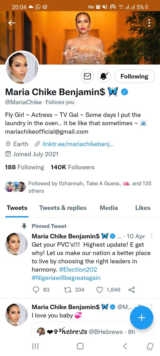 mariamBkay's tweet photo. We are celebrating our anniversary with 140k twitter followers.
Its the gradual progress for me.
#MariaChike
#OneYearWithMaria https://t.co/xreY8TbkpY