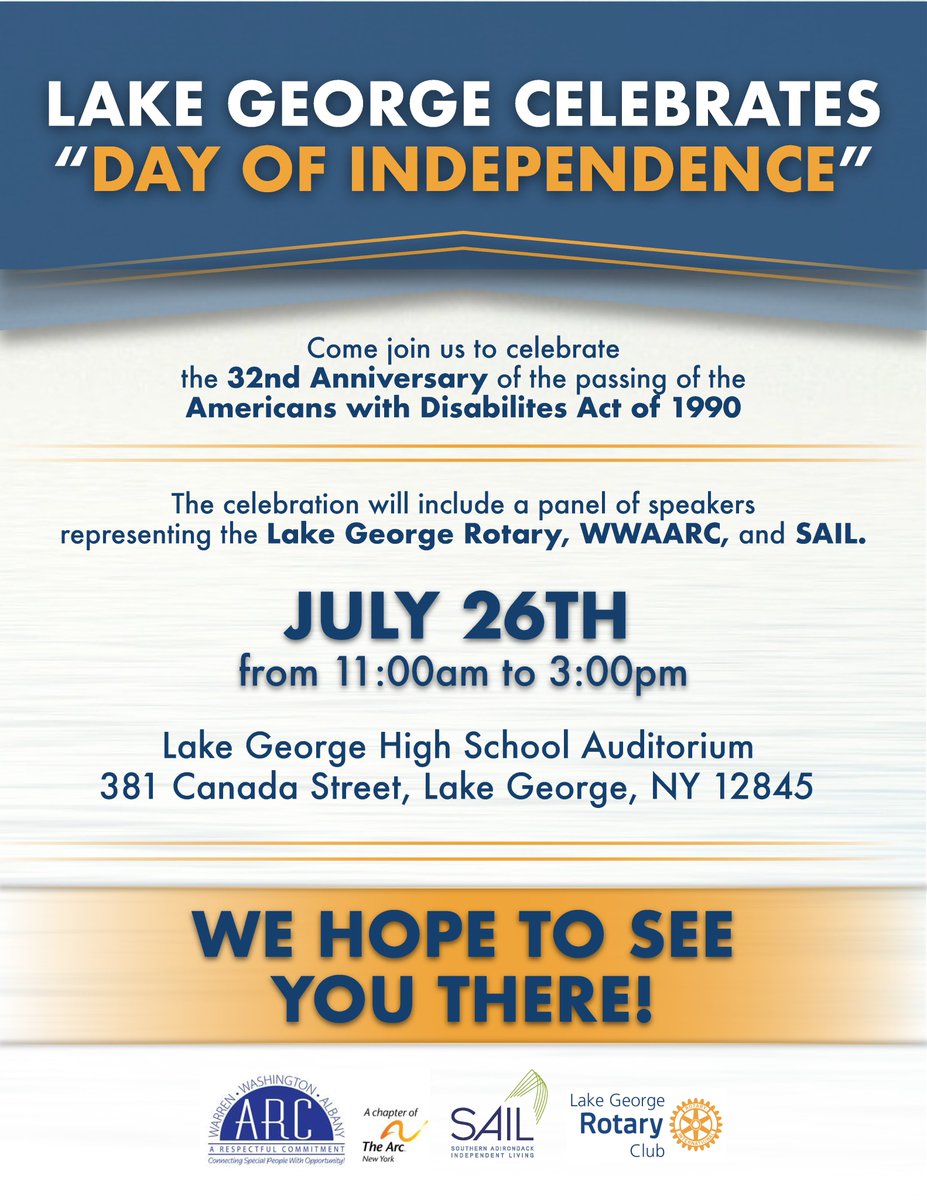 TheWWAARC's tweet photo. #Disabled people’s rights were federally protected in 1990 when the American Disabilities Act became law. Tomorrow 7/26 we celebrate its anniversary. Join us, to learn more. 
#CivilRights #SeeAbilityNotDisability #WWAARCStrong #EmpoweringLives #EnhancingLives #LakeGeorge https://t.co/2dWKippOSx