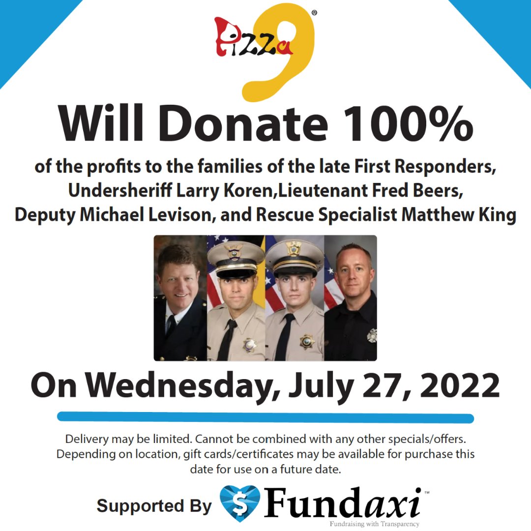 Please stop by your local Pizza 9 this Wednesday, July 27th, and support the fundraiser for the families of these courageous First Responders, who fell victim to a fatal helicopter crash on July 16th. 

#pizzanine #newmexico #fundaxi https://t.co/9h6VIh6ZIU