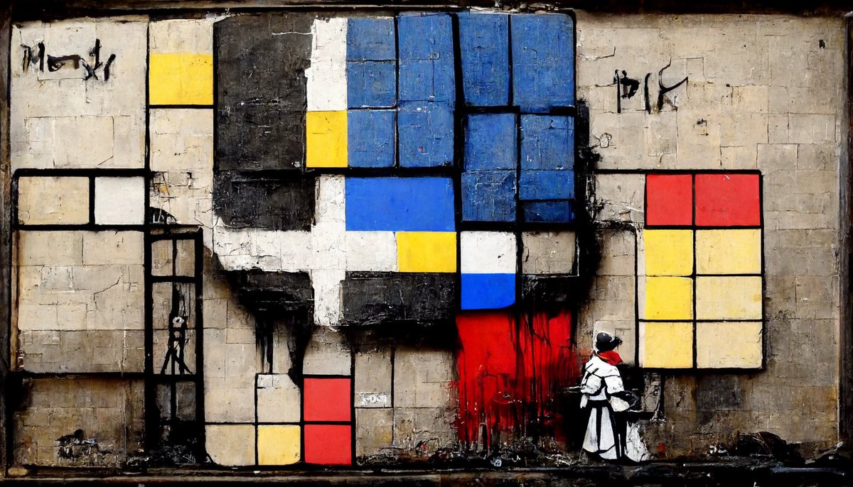 nathancjackson's tweet photo. The impact of AI-generated Art cannot be understated. The result from the prompt: "When Banksy met Piet Mondrian" is shown here. Fascinating. #dalle2 #midjourney #AiArtwork https://t.co/97zM1CLl0D