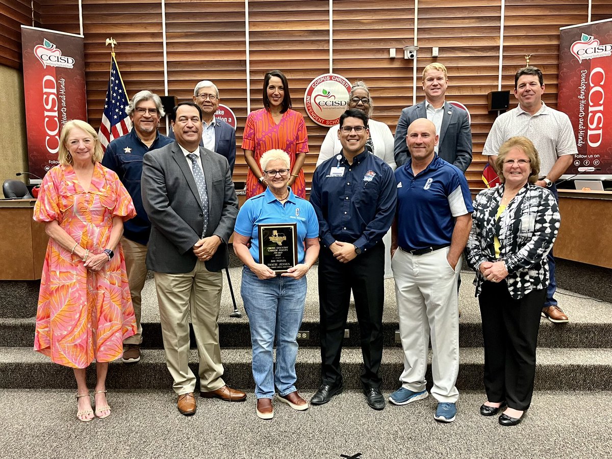 The board also recognized Tracie Jensen, of Mary Carroll High School, for receiving the Cross Country Career Points Award. #CCISDproud