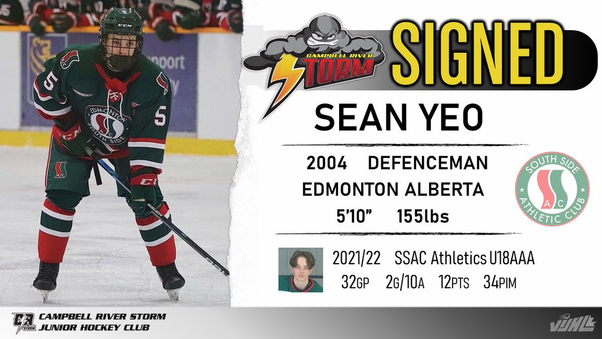 ⚡️ STORM SIGNING ⚡️

We are proud to announce the signing of left handed defensemen Sean Yeo from SSAC of the <a href="/AEHL_HA/">Alberta Elite Hockey League</a> u18 division. 

Yeo, an Edmonton, AB native, tallied 2-10-12 in 32 games played with the Athletics. 

#StormWarning⚡️