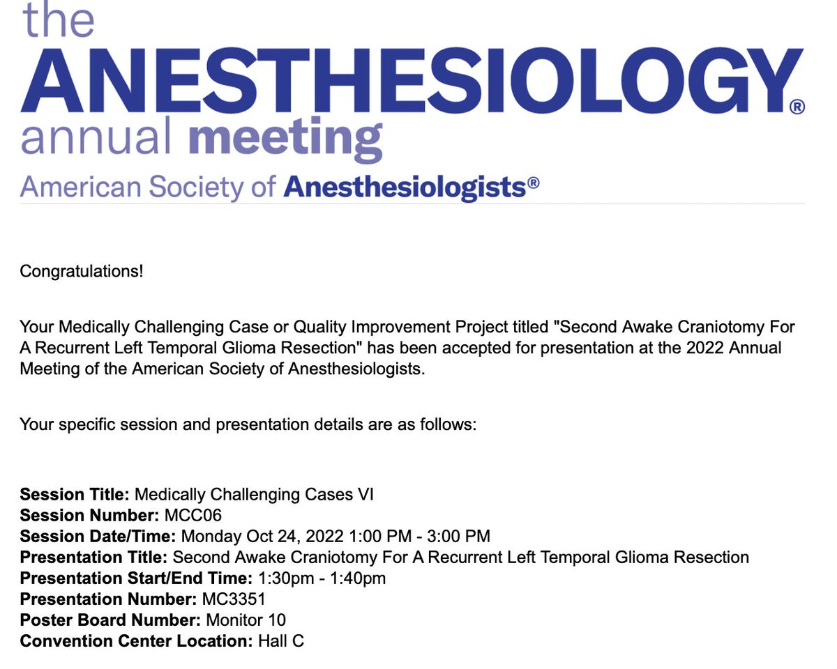 dellaneuroanest's tweet photo. I'm very happy to be presenting the Neuroanesthesia Management of a Challenging Case at the @ASALifeline #ANES22 in the beautiful city of New Orleans this October #AwakeCraniotomy #RecurrentGlioma #EloquentCortex Awesome team work!! #MexicanNeuroanesthesia https://t.co/xUwJ9eZZCM