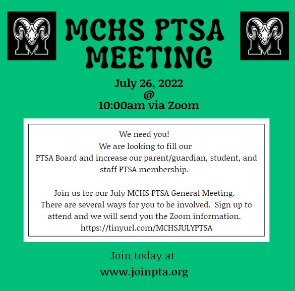 Join us Tuesday at 10:00am via zoom to hear all about our MCHS PTSA.  Register to attend and the zoom information will be sent to you. #RPND <a href="/MCHS_Rams/">RamNation</a>