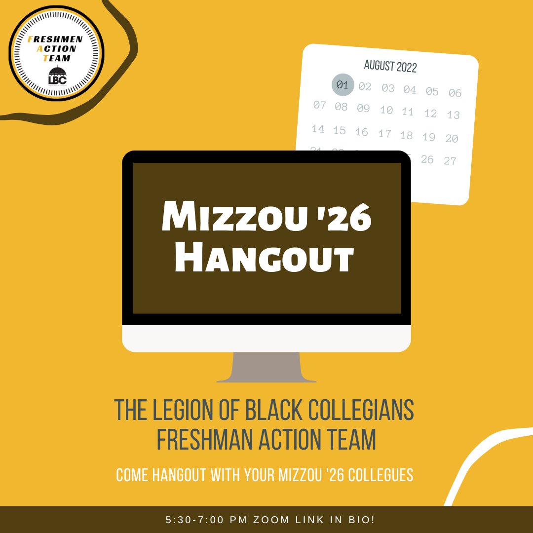 Hey #mizzou26, come hangout with LBC’s Freshman Action Team and meet other students coming to Mizzou this Fall, next Monday, August 1st at 5:30PM! The Zoom link will be in our bio. We hope to see you there! #miz #mizzou26 #mizzourah 🐯