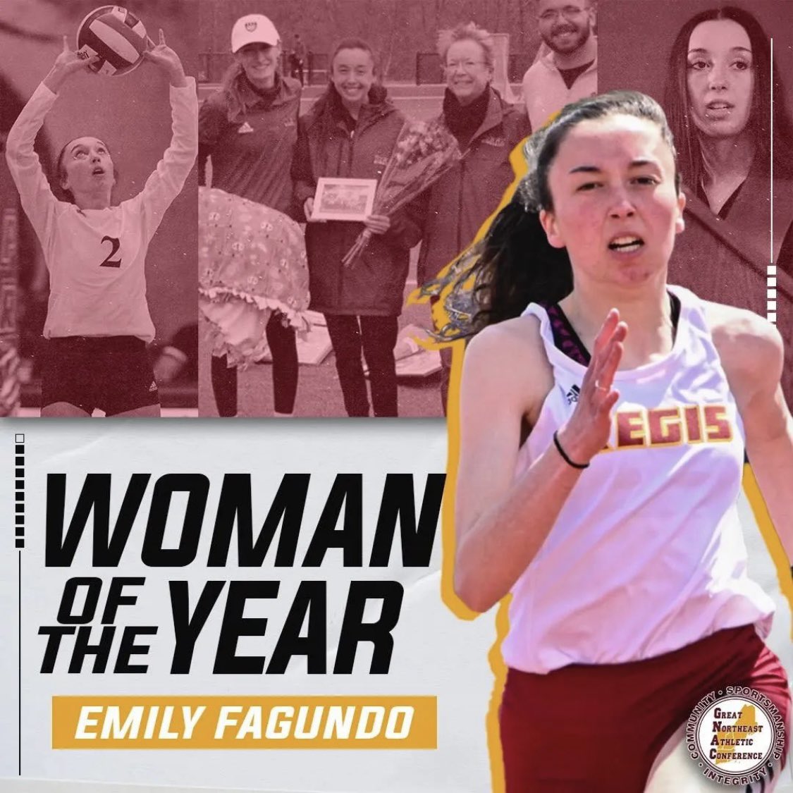 Our very own Emily Fagundo has been named the 2022 Great Northeast Athletic Conference Woman Of The Year!!

We are so proud of the hard work, dedication, and leadership that Emily brought to the Regis Track and Field team and to the overarching Regis community. CONGRATS EM!!