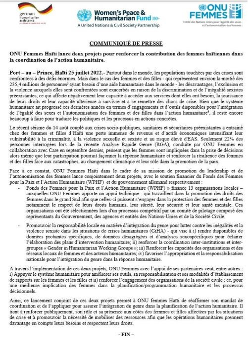 L'ONU Femmes Haïti lance deux projets pour renforcer la contribution des femmes haïtiennes dans la coordination des actions humanitaires. <a href="/wphfund/">Women's Peace & Humanitarian Fund</a> #PlanificationHumanitaire #DroitsdesFemmes #Haiti
#ActionsHumanitaires #CoordinationActionsHumanitaires