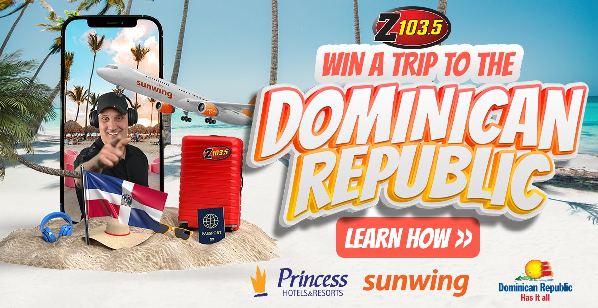 Z103.5 (@z1035toronto) on Twitter photo Here is the start of your chances to win a 7-day All Inclusive Trip to <a href="/GoDomRep/">Dominican Republic</a> at Tropical Deluxe Princess Hotel in Punta Cana with <a href="/SunwingVacay/">Sunwing Vacations</a>
Enter now at z1035.com/win/fly-away-t… Here is the start of your chances to win a 7-day All Inclusive Trip to <a href="/GoDomRep/">Dominican Republic</a> at Tropical Deluxe Princess Hotel in Punta Cana with <a href="/SunwingVacay/">Sunwing Vacations</a>
Enter now at z1035.com/win/fly-away-t…