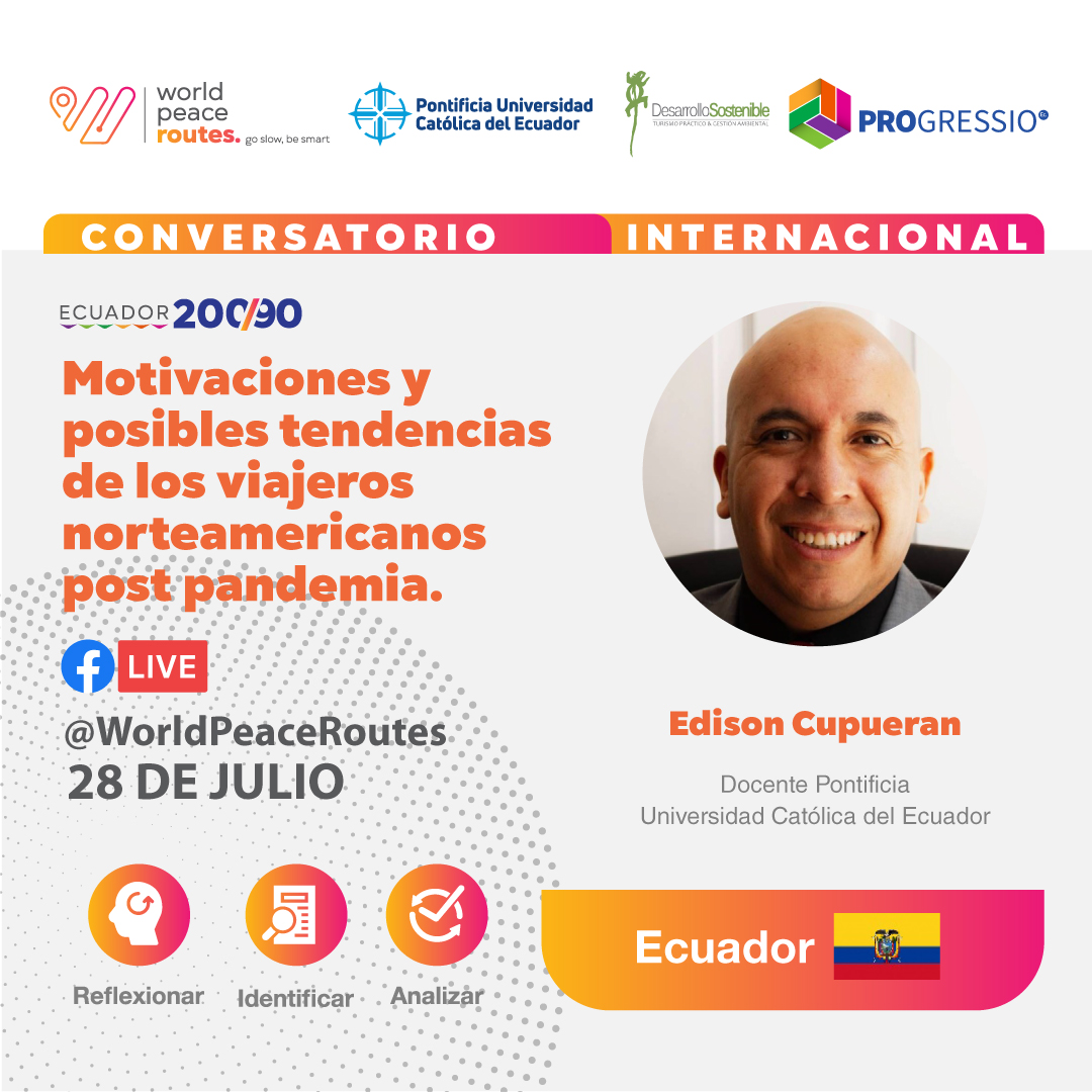 ¿Sabes cuáles son las motivaciones y posibles tendencias de los viajeros norteamericanos post pandemia?
Descúbrelo en el Conversatorio Internacional a través de la transmisión en vivo desde el Facebook de @WorldPeaceRoutes

#worldpeaceroutes #Ecu20090
