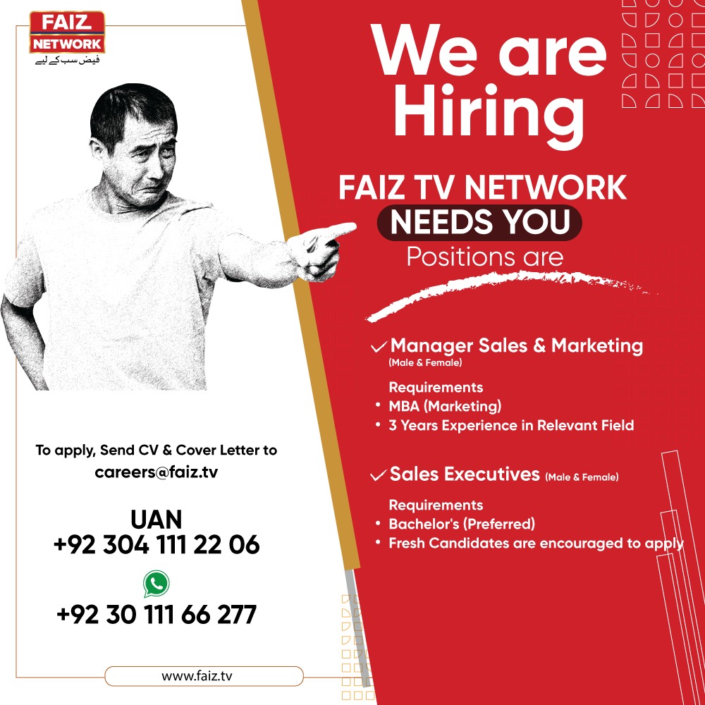 We are Hiring 
Looking for the following person
Manager Sales &Marketing
Sales Executives 
Send CV to this Email: Careers@faiz.tv
.
#jobsearch #media #hiring #KarachiJobs #sales #marketing #salesandmarketingjobs #salesexecutivejobs #Alert #ARYNews #GeoNews #SamaaTV #BOLTV #fresh