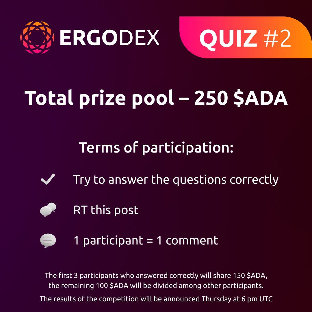 It’s time for a new #ErgoDEXquiz!🎉 

Answer the questions, RT and share 250 $ADA between the winners!

1) What is the name of our community manager?
2) Which category is our project included in Catalyst F9?
3) What unique way can you earn passive income on ErgoDEX?