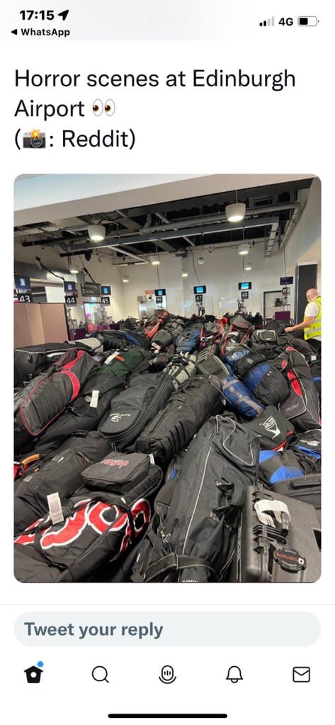 fehickmaniii's tweet photo. @CityMessiah Thanks for sharing. I’m a big believer in Vuzix. I hope they are trying to get the baggage handlers to use them at airports. Here is a pic of bags in Edinburg last week that piled up while I was there. My brother still does not have his golf bags after 2 weeks. https://t.co/oa98wlijIi