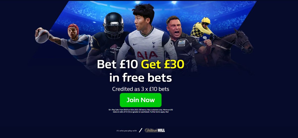 William Hill
New Customers Bet €&#163;10 Get €&#163;30

1. Promo Code H30
2. Place &#163;€10 bet on any market
3. Get 3x &#163;€10 Bets
Uk Link Below


Rest of the world link below

.
.
18+T&amp;Cs GambleAwear 
  &#39;