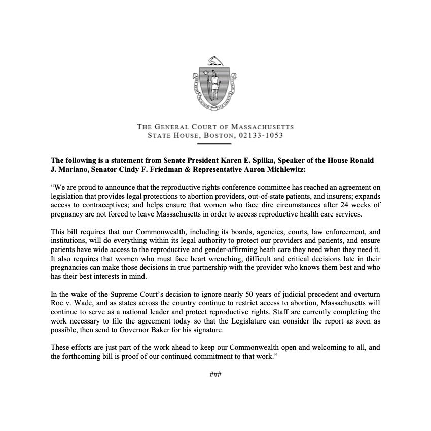 CindyFriedmanMA's tweet image. Happy to share that an agreement has been reached to expand protections for reproductive &amp;amp; gender-affirming care. This bill protects patients and providers in MA, enhances access to abortion care, and ensures these care decisions are made by a patient &amp;amp; their provider.