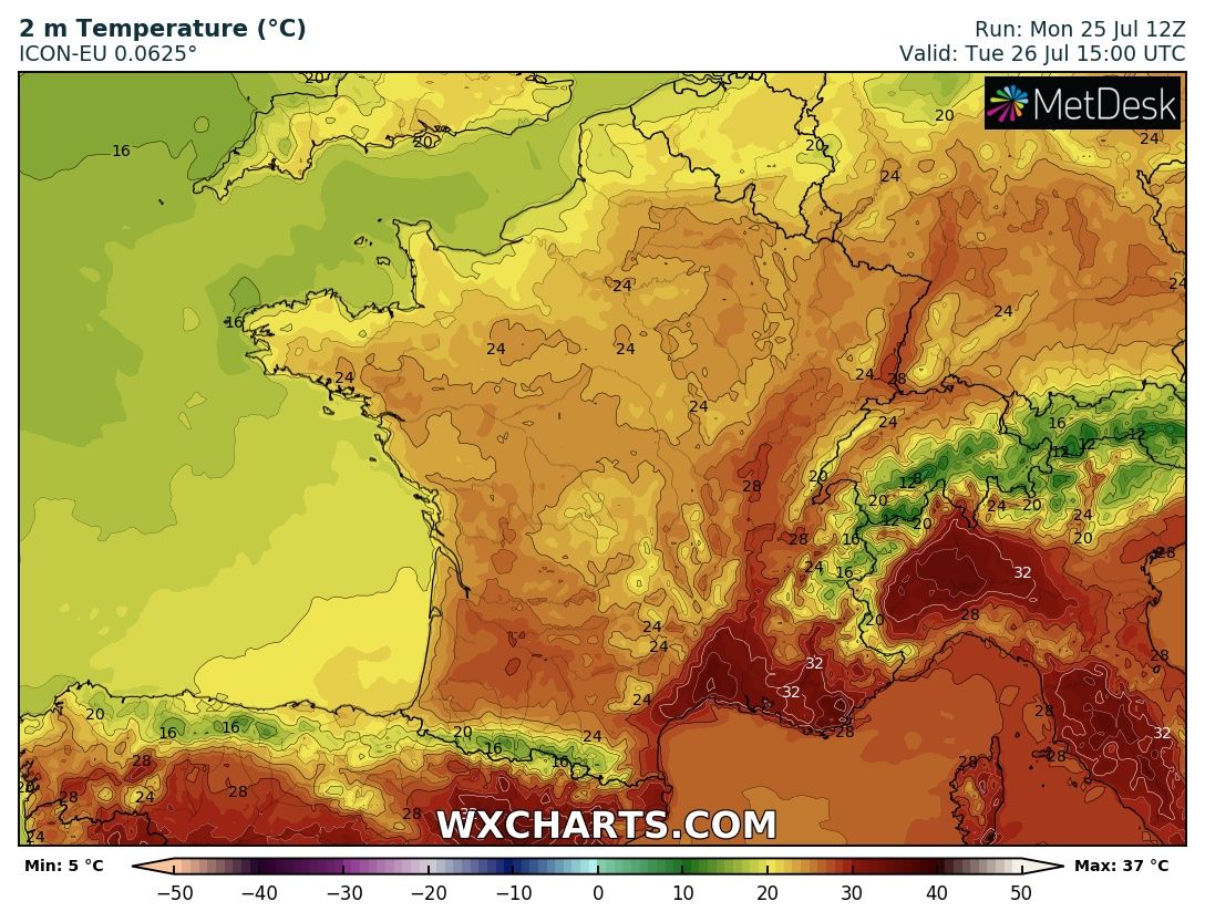 Demain, la situation caniculaire devrait prendre fin avec un air plus océanique.
De fortes chaleurs persisteront dans le sud-est néanmoins, mais on ne devrait plus passer les 35/36°C (maximum dans le Var).
Les minimales devraient baisser d'un cran la nuit suivante. 