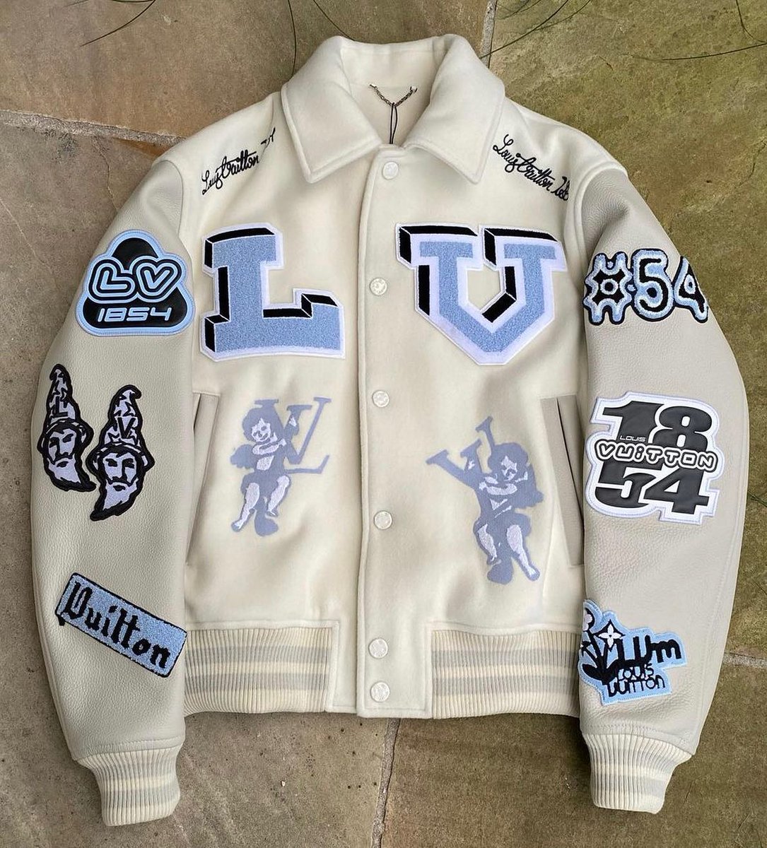 Louis Vuitton FW22 Cream Patched Bunny Varsity Jacket - Ākaibu Store