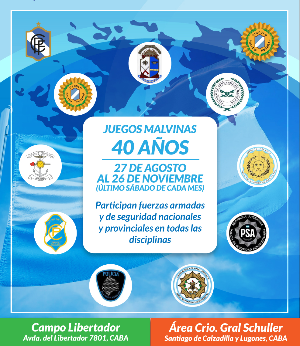 #DeportesCPF │ ¡Se vienen los Juegos Deportivos Malvinas 40 Años👮🏻🪖🥇! Del 27 de agosto al 26 de noviembre, el último sábado de cada mes, tendremos el honor de albergar a atletas de fuerzas armadas y de seguridad nacionales y provinciales. ¡Les damos oficialmente la bienvenida!