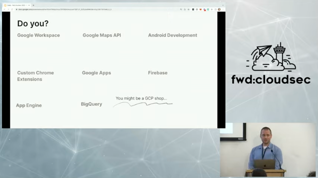 checkiampulse's tweet photo. Great talk by @ctennis at @fwdcloudsec - Achieving AWS IAM zen in a Google Cloud world. We love this reminder of all of "all the surprising things that happen in GCP even if you're an AWS shop" #fwdcloudsec https://t.co/DTJFa0QJAg