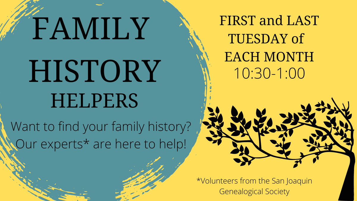 In the #Stockton CA area? Got some #genealogy questions? Stop by the Chavez Library this Tuesday morning, July 26, from 10:30 to 1:00 and see our Family History Helpers at the genealogical reference section.