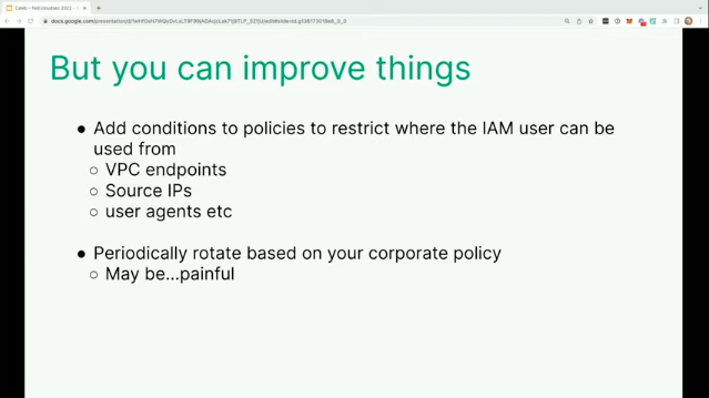 checkiampulse's tweet photo. @ctennis reminded us of the happy dance of using temporary iam credentials and the sad panda of using static iam credentials - here's some actionable tips mentioned to lock down the utilities of your iam creds #fwdcloudsec @fwdcloudsec https://t.co/nBG6V54fOI