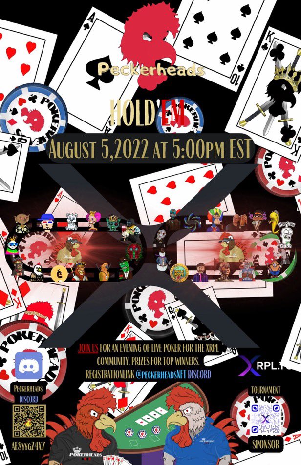 peckerheadsNFT's tweet photo. It’s time to get ready for the next XRPL collab Poker event! This one will be proudly hosted by Peckerheads. This is a free to play event with #NFTs and $XRP for the top 5 finishers! 

August 5th, 2022 5PM EST
Registration link in discord

https://t.co/x5pgyqZ83h https://t.co/3MfxDz90BI