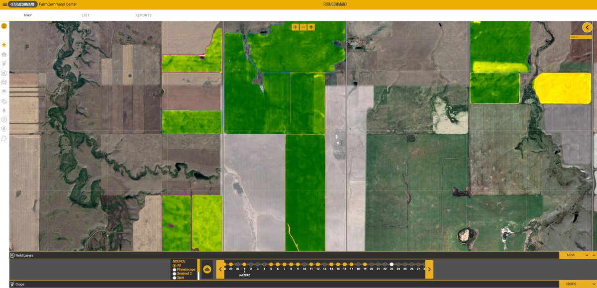 #DYK: In #FarmCommand Center you can look at multiple fields #imagerylayers at once for a certain date! This allows for great comparisons of #NDVI between crops. You can also filter to look just at one crop, like #Wheat for example -TB