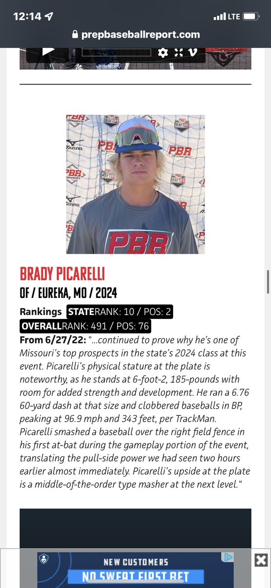 BradyPicarelli1's tweet photo. Blessed to be ranked the 10th overall player in the state. Excited to participate in #PBRFG22 this upcoming week. @PBR_Moulder @PBRMissouri https://t.co/0hJm2EH2ZD