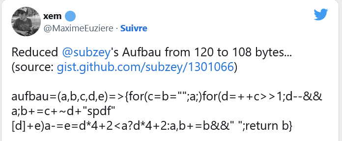 MaximeEuziere's tweet photo. Day 204:

(other things made during #js1k 2019)

PERIOD1K bonuses:

- a 139b demake (just the shape) on Dwitter: https://t.co/nIy6RXILNO

- golfed the Aufbau algorithm by Subzey from 120b to 108b (it prints the electronic configuration of each atom):
https://t.co/8E9O63m8Lq https://t.co/MsrdfWCeIR
