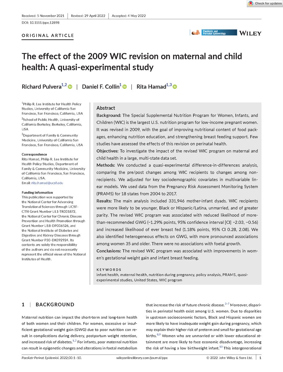 Our latest study @PPE_Journal, led by @UCBerkeleySPH MPH grad Richard Pulvera, found that 2009 #WIC revisions led to less wt gain in pregnancy & more breastfeeding among low-income families, promoting #healthequity. onlinelibrary.wiley.com/doi/10.1111/pp… @USDANutrition @AditiVasan @atheendar