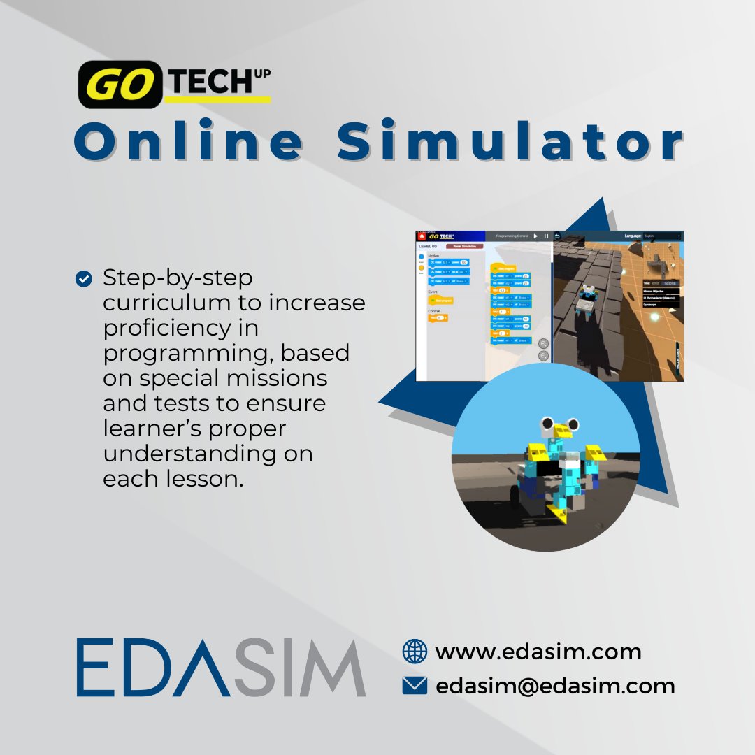 EdasimLlc's tweet photo. This innovative online robot programming simulation software is an optimal solution for remote teaching, as the student can access anytime and anywhere through the web. #Robotics #Programming #STEM #STEMeducation #STEMprojects #3dsimulator #robots #onlinesimulator #remotelearning https://t.co/IvwQeYLC39