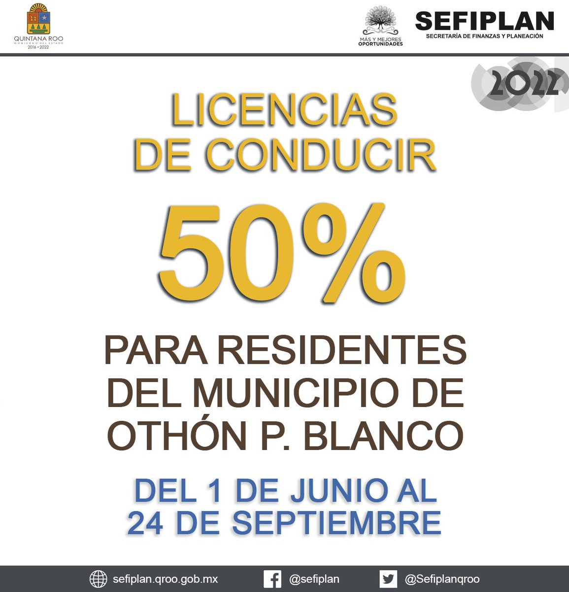 Sefiplanqroo's tweet photo. 🛵 Vives en el municipio de Othón P. Blanco renueva tu licencia de conducir. Prevalece el 50% de descuento. #EstímulosFiscales2022 https://t.co/QZ7O0CiAcG