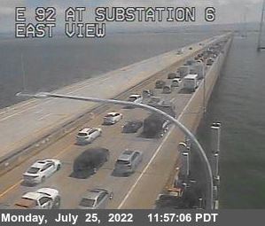 #SanMateoBridge: Eastbound before #Hayward there is a crash that turned into a car fire. The fire is out but the two right lanes are blocked leaving just the left lane open. Traffic is backed up along the flat section of the bridge. #KCBSTraffic Photo: Caltrans https://t.co/668RHAjvd2