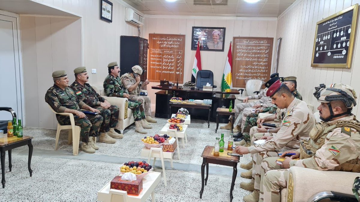 KRG_MOPE's tweet photo. Today, a #ISF delegation from the Diyala Operations Command, visited the @KRG_MOPE 5th Infantry Brigade, to discuss the security situation in the area &amp; the security gap &amp; cooperation between the two sides. to eliminat the dangers of #ISIS terrorists in the area. https://t.co/zZIiZDQHwn