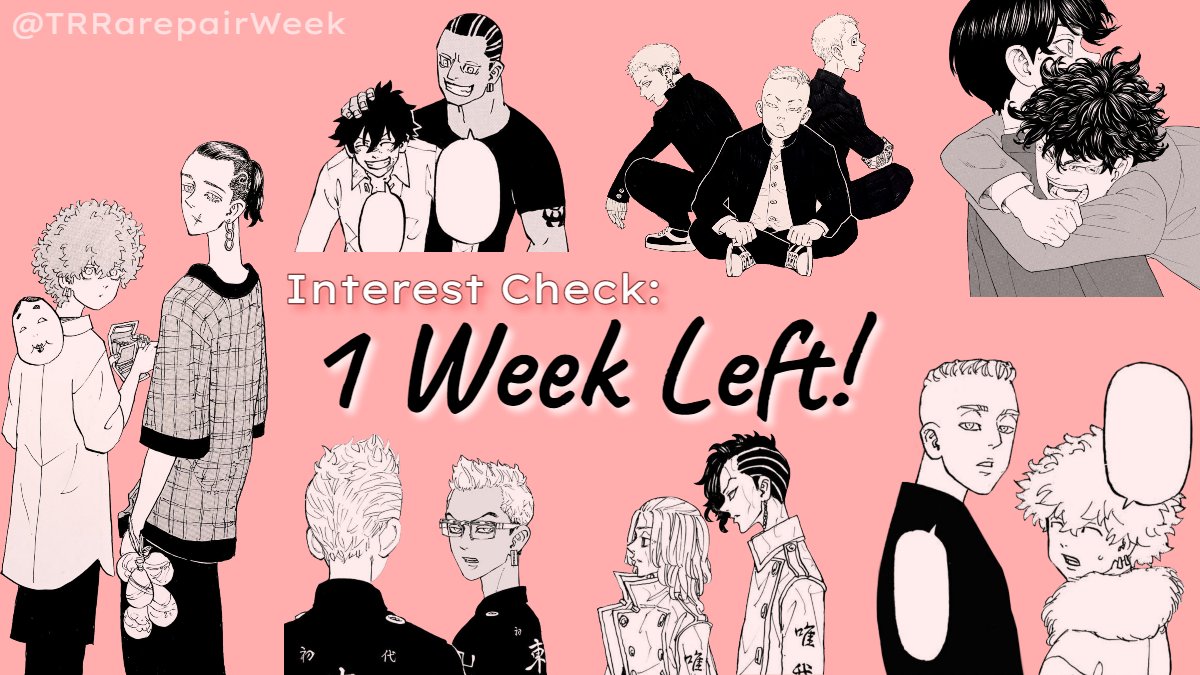 TRRarepairWeek's tweet photo. Only 1 week left to fill out our interest check! This is your opportunity to let us know what prompts you’re interested in seeing for #TRRarepairWeek ✨

❤️ Interest Check: https://t.co/2YSXcgozee
💗 Rules &amp; FAQ: https://t.co/g6c46zWmJn
🤍 Questions? https://t.co/RZVxs79qng https://t.co/hnojQgSrKO