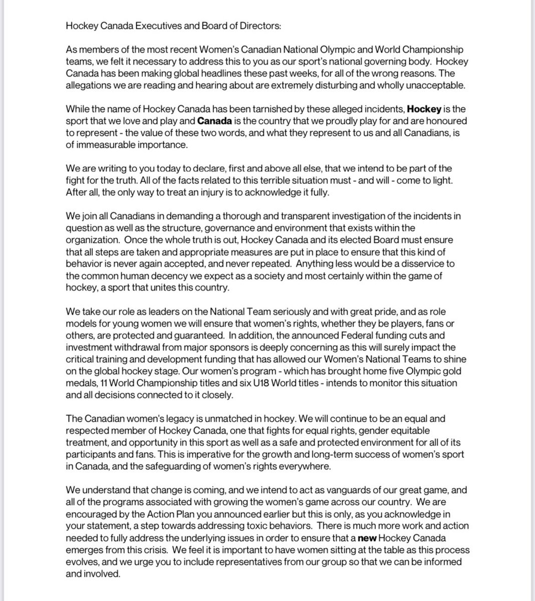 A statement from the Canadian Women’s Hockey Team <a href="/HockeyCanada/">Hockey Canada</a>
