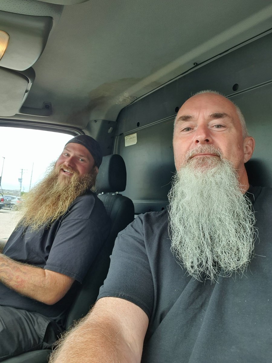 petemiff's tweet photo. Day one, new job and I'm trained by THE actual beard man. "Take Dad to work day?" Was a popular question. #beardchat #BEARD https://t.co/Vk4oUfeB04
